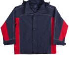 A blue and red waterproof jacket with a hood. It features a front zipper, snap button closures, and Velcro cuffs. The jacket has white piping accents and is laid flat against a white background.