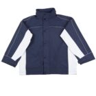 A navy blue and white jacket with long sleeves, featuring a high collar and a button-down front. The jacket has white panels on the sides and sleeves, with a sleek design and streamlined seams.