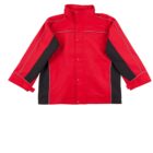 A red childrens jacket with black panels on the sides and sleeves, featuring a high collar and front buttons. White piping runs along the seams, adding contrast. The jacket is laid flat against a white background.
