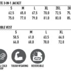 Size chart for unisex jacket and vest. Includes dimensions for Easy Fit, Half Chest, and Body Length from size S to 7XL. Icons indicate features: Water Repellent, Wind & Cold Proof, Tough Wearing, and Reversible. Colors are Navy/Navy.