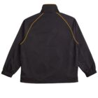 Black jacket, shown from the back, with a high collar and long sleeves. It features yellow piping along the shoulders and sleeves, and has elastic cuffs.
