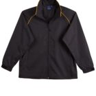 Black jacket with a high collar and long sleeves. The jacket features thin yellow piping along the shoulders and sleeves, and has two front pockets. It includes a front zipper and appears to be made of a lightweight material.