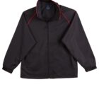 A black jacket with a front zipper, long sleeves, and red piping along the shoulders. The jacket has a high collar and two pockets.