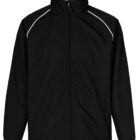 Black jacket with a high collar and a front zipper. It features white piping along the shoulders, long sleeves, and has adjustable cuffs.