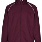 A maroon jacket with a high collar, front zipper, and white piping details on the shoulders. The jacket has long sleeves and a simple, casual design.
