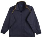 A navy blue windbreaker jacket with a high collar and a front zipper. It features yellow piping along the shoulders and sleeves. The jacket includes side pockets and has elastic cuffs.