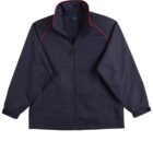 A black zipper jacket with a high collar and red piping along the shoulder seams. The jacket has long sleeves and a front zipper. The material appears to be smooth and slightly shiny.