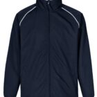 A black zip-up jacket with a high collar is displayed. It features white piping along the shoulders and arms, giving a sleek look. The jacket has front pockets and a simple, minimalist design.