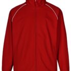 Bright red jacket with a full zip closure, high collar, and white piping along the shoulders. It has long sleeves, side pockets, and a straight hem.
