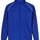 A royal blue jacket with a high collar and white piping along the shoulders. It features a front zipper, long sleeves, and adjustable cuffs. The design is simple and sporty.