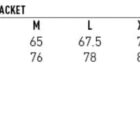 Size chart for a unisex contrast track jacket showing measurements for sizes S to 3XL. Half chest measurements range from 62.5 to 75 cm, and body length from 74 to 84 cm. Features water repellent icon.