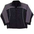 A black and gray zip-up jacket with a high collar and long sleeves. It features white piping detailing along the seams. The upper section, including the shoulders and sleeves, is gray, while the lower section is black.