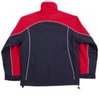 A back view of a jacket with a high collar, primarily navy in color with bright red shoulders and upper back. It features white piping accents and adjustable cuffs.