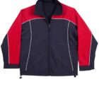 A sports jacket with a zip-up front, featuring a design with red shoulders and sleeves, and a dark blue body. There are thin white lines accentuating the transition between colors and adding detail to the overall look.