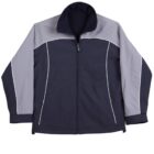 A two-toned jacket with a dark navy body and light gray sleeves is shown. It features a front zipper, high collar, and white piping accents along the seams.