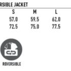 Size chart for a unisex tri-color reversible jacket, showing modern fit options from XS to 3XL. Chest measurements range from 54.5 cm (XS) to 69.5 cm (3XL), and body length from 70.0 cm (XS) to 85.0 cm (3XL). Icons indicate water repellency, wind and cold proof, and reversible features.