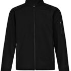 Black zip-up jacket with a high collar and long sleeves. It features side pockets and a small zip pocket on the left sleeve. The design is simple and versatile, suitable for various casual settings.