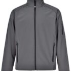 A grey jacket with a high collar, full front zipper, and two zippered pockets on the sides. The sleeves feature an additional zippered pocket on one arm. The design is sleek and minimalist.