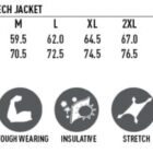 Size chart for the JK23 Mens Softshell Hi-Tech Jacket, showing measurements for sizes S to 5XL. Icons below depict fabric features: softshell, water & wind resistant, tough wearing, insulative, and stretch. A diagram illustrates the jackets layered design.
