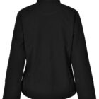 Back view of a black jacket with long sleeves, a high collar, and a fitted silhouette. The jacket has a simple design with subtle seam lines and a tab at the back of the collar.