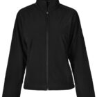 A black zip-up jacket with a high collar and long sleeves. The jacket has visible seams and a sleek, minimalist design.
