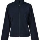 A front-facing view of a navy blue, full-zip jacket with a high collar. The jacket features long sleeves and side pockets, and the fabric appears slightly textured.