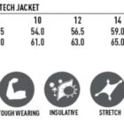 Size chart and features for JK24 Ladies Softshell Hi-Tech Jacket. Sizes: 8-18, with measurements for half chest and body length. Icons indicate fabric, water/wind resistance, toughness, insulation, and stretch, alongside a membrane layer diagram.