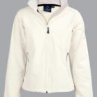 A white zip-up jacket with a high collar is displayed on a gray background. It features two zipped side pockets and black detailing on the zippers and sleeve ends.
