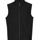 A black sleeveless vest with a high collar and zippered front. It features two zippered pockets on each side. The fabric appears smooth and slightly shiny.