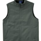 A sleeveless, dark green vest with a high collar and zippered front. It features two zippered side pockets and a smooth, plain texture. The vest is laid flat against a white background.