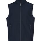 A sleeveless, zip-up navy blue vest with a high collar. It features two zippered pockets on each side.