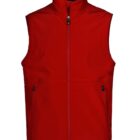 A vibrant red vest with a high collar and a front zipper. It features two side pockets with zippers, and the fabric appears soft and smooth. The vest has a simple, sleek design suitable for casual or outdoor wear.