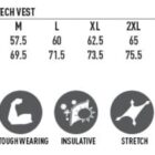 Size chart for JK25 Mens Softshell Hi-Tech Vest, showing modern fit sizes from S to 5XL with corresponding half chest and body length measurements. Icons indicate softshell fabric, water/wind resistance, toughness, insulation, and stretch features.