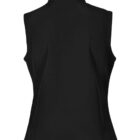 Back view of a sleeveless black vest with a high collar and tailored fit. The vest has smooth fabric and a streamlined design, suitable for layering or wearing alone.