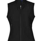 Black sleeveless zip-up vest with a high collar, featuring two front pockets with zippers. The vest has a sleek and fitted design.