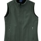 Dark green sleeveless vest with a high collar and front zipper. It features two front zippered pockets and a simple, smooth design.