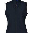 A black sleeveless vest with a high collar and front zipper. The vest has two zippered pockets on each side. The fabric appears smooth and fitted, creating a sleek and functional look.