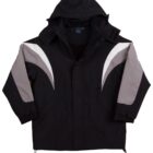 A black jacket with a hood features white and gray chevron patterns on the sleeves. It has a front zipper, adjustable cuffs, and is designed for outdoor wear.