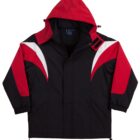 A black jacket with red and white accents. It features a hood, full zip closure, and adjustable cuffs. The red sections are on the shoulders and outer arms, with a white V-shaped design on the chest area.