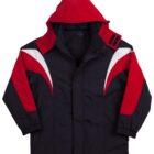 A black jacket featuring red and white angular designs on the front, with a large red hood. It has a zip closure under a buttoned flap and elastic cuffs.