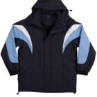 A navy blue winter jacket with light blue and white diagonal stripe accents on the sleeves. It has a high collar, attached hood, and black zipper with velcro closure.
