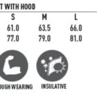 Size chart for JK28 Unisex Tri-Colour Jacket with Hood, showing sizes XS to 3XL. Features include water repellent, wind and cold proof, tough wearing, and insulative properties, illustrated by icons.