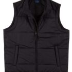A black puffer vest with a stand-up collar and front zipper. It has two side pockets and horizontal quilting for insulation. The vest is laid flat, displaying its sleeveless design.
