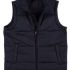 A black puffer vest with a front zipper and two pockets. It has a high collar and a sleek, quilted design.