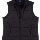 A black sleeveless puffer vest with a front zipper and standing collar. The vest has horizontal stitching and two zippered pockets on each side.