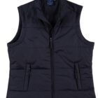 Black sleeveless puffer vest with a high collar and front zipper, featuring two zippered pockets on each side. The fabric has a quilted design.