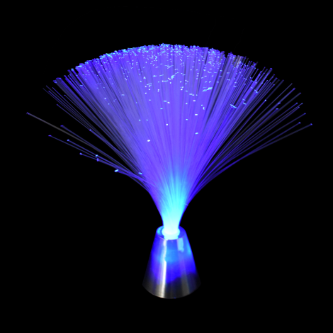 Lamp with Screw Fibre Optics glowing against a black backdrop.