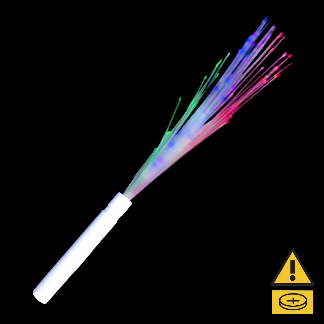 Multi-coloured Fibre Optics Rainbow Wand with a white handle on a black background.