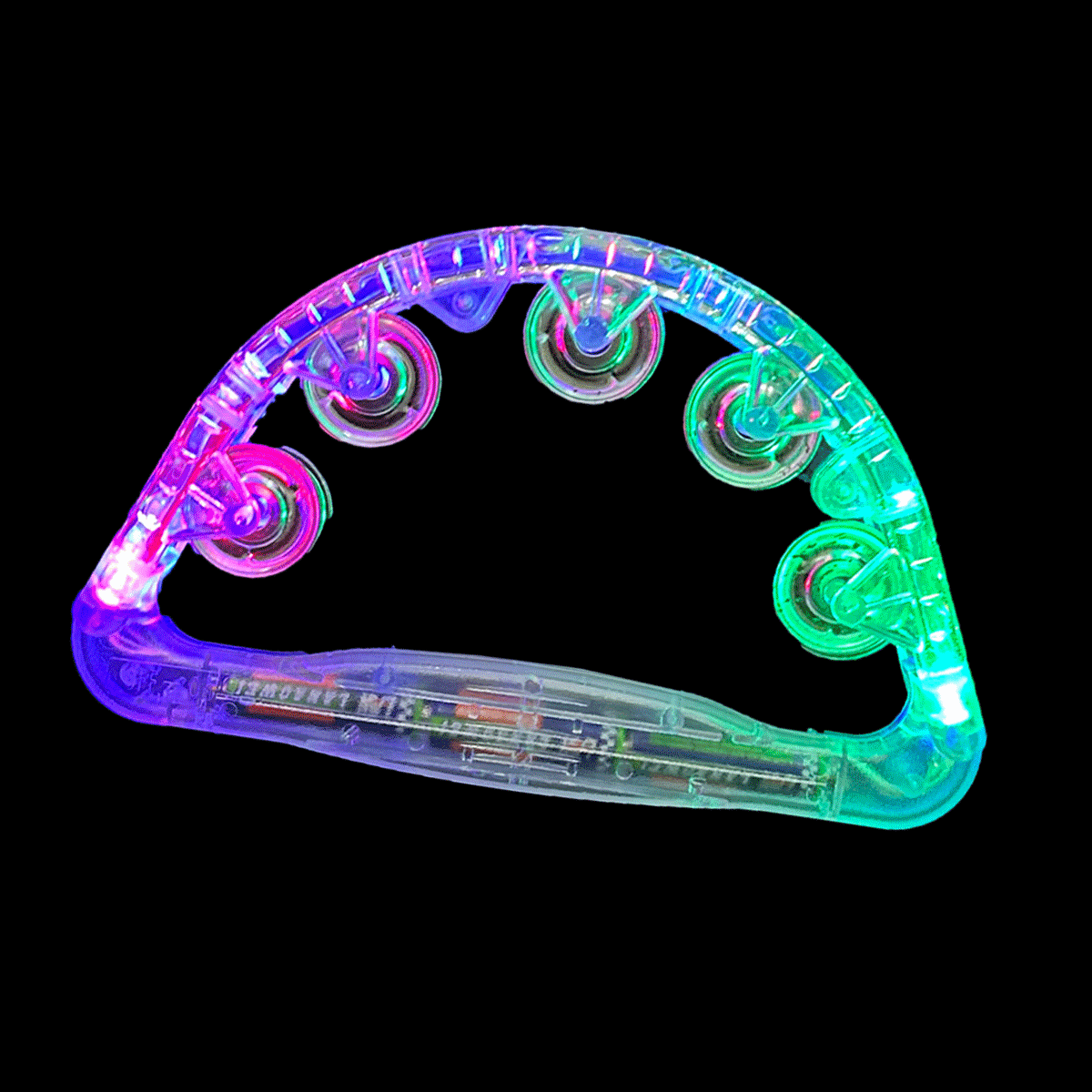 Musical & Flashing Tambourine with LED lights on a black background.