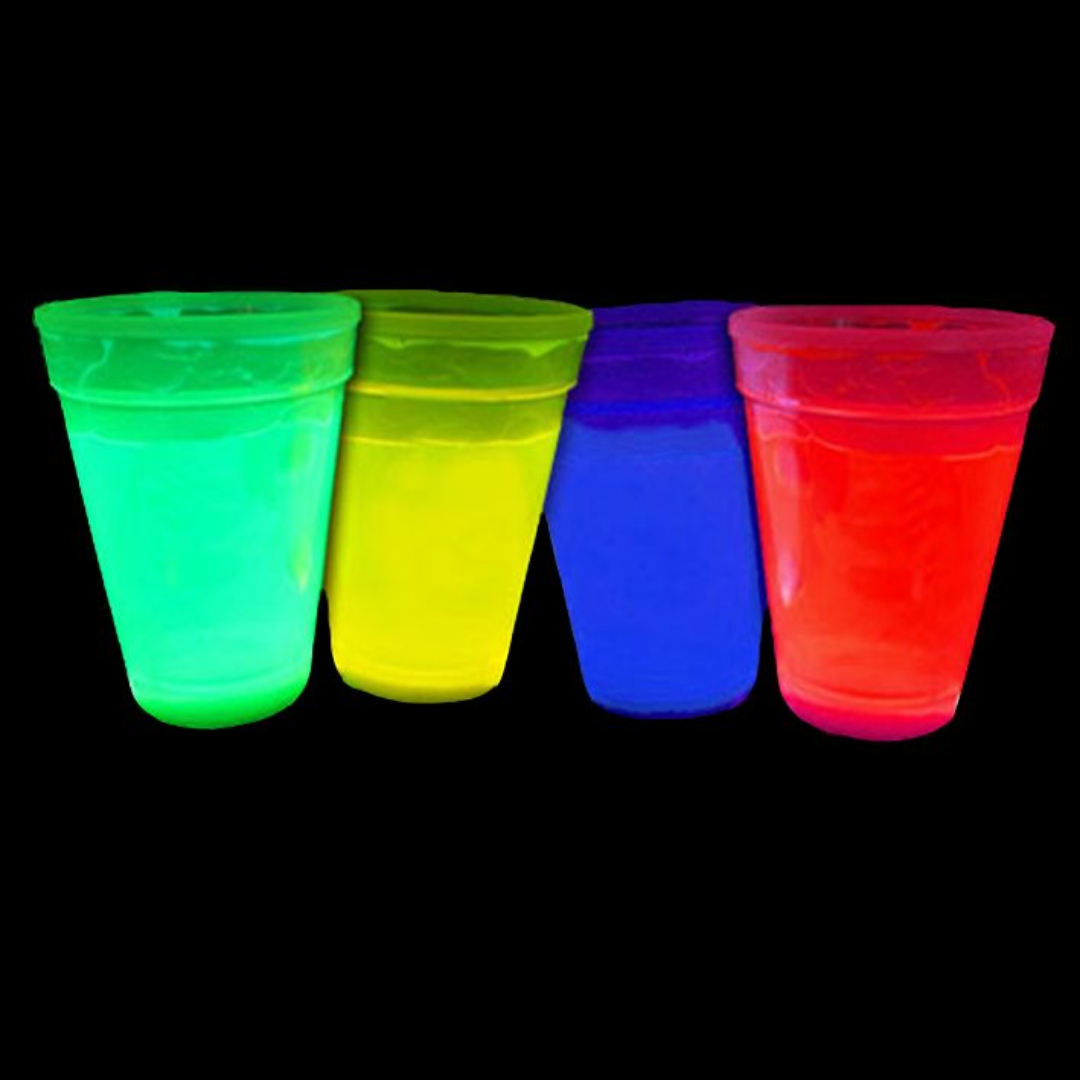 Neon Glow Cups x 4: Illuminate dark backgrounds in green, yellow, blue, and red.